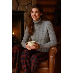 LL Bean Cableknit Turtleneck Sweater Cotton - L, Gray Classic Winter Cabincore